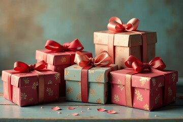 Fototapeta premium Array of vintage boxes, ornate ribbons, gentle glow , shadow, design, aesthetic