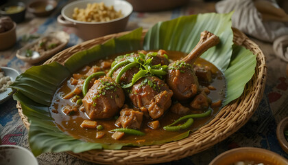 Serving Chicken Stew with Green Vegetables on Traditional Plate