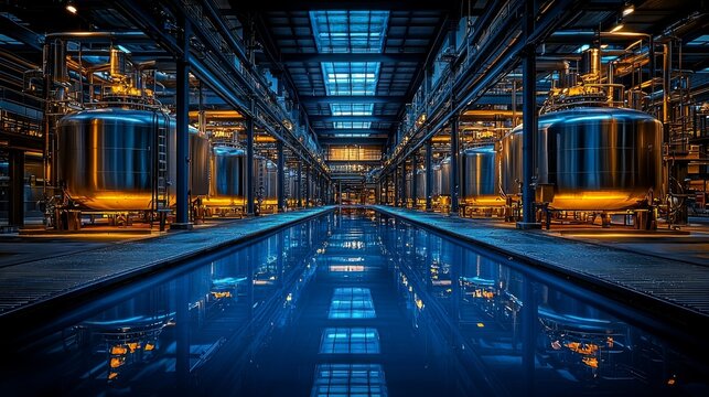 The facility is a modern industrial site equipped with large storage tanks and luminous lighting