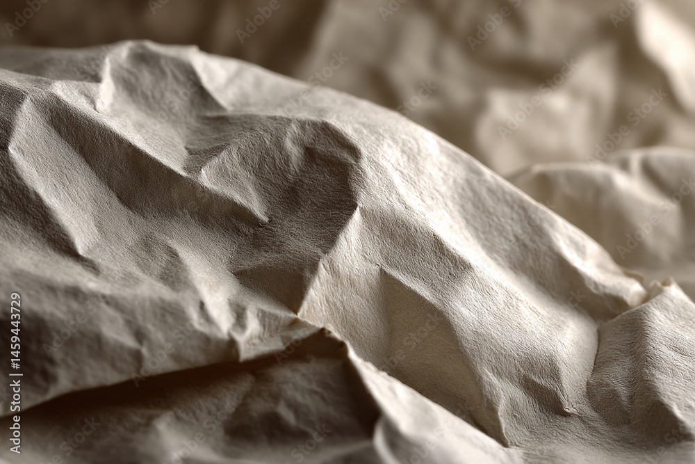 Poster close-up of beige crumpled paper texture, showing deep folds and creases, suggesting abstract landsc