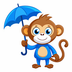 Adorable Cartoon Monkey Holding a Blue Umbrella