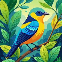 Vibrant Yellow and Blue Bird Perched on Branch Amid Lush Green Foliage