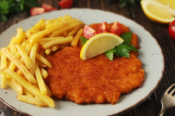 A Viennese schizel with french fries