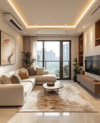 Fototapeta premium Modern apartment living room, city view, comfortable seating, stylish decor, home interior design