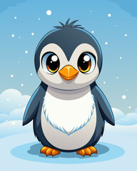 Adorable Cartoon Penguin in Snowy Winter Landscape