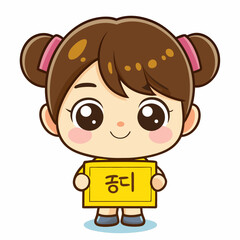 Adorable Cartoon Girl Holding a Yellow Sign with Korean Text