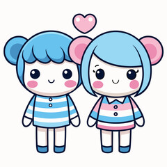 Adorable Cartoon Couple in Love Cute Kawaii Style Illustration