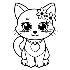 Adorable Cute Kitten Coloring Page with Flowers and Heart
