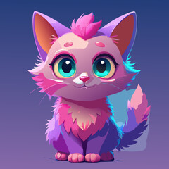 Adorable Cartoon Kitten with Pink and Purple Fur Sitting