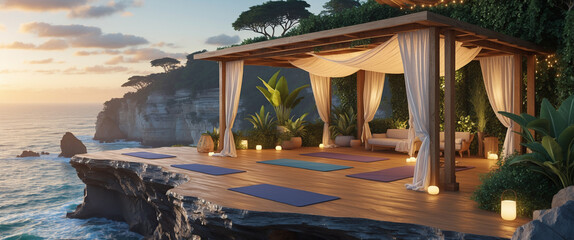 Yoga and meditation platform with ocean view featuring peaceful sunset setting.