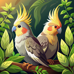 Two Cockatiels Perched on a Branch in Lush Tropical Foliage