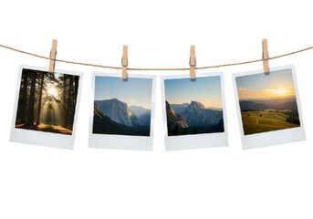 Four Polaroid-style photos clipped to a twine string with wooden clothespins isolated on a transparent background