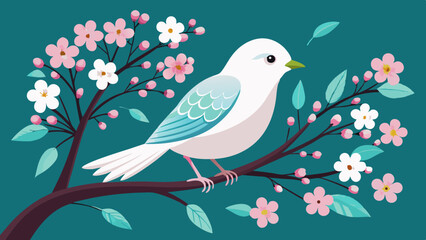 White Bird Perched on a Branch with Pink and White Blossoms