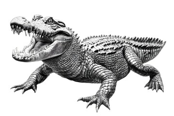 Fototapeta premium Pencil drawing of an angry, fierce and vicious crocodile, showing its fangs from a side view, white background