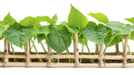 Fresh green beans climbing a support stick in a decorative container, isolated on white.