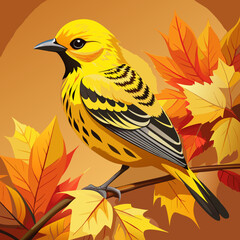 Yellow Bird Perched on Autumn Branch with Colorful Leaves
