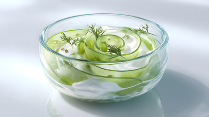 Elegant cucumber salad with yogurt and dill spirals arranged in a clear glass bowl, with minimal lighting and a refined, fresh aesthetic.