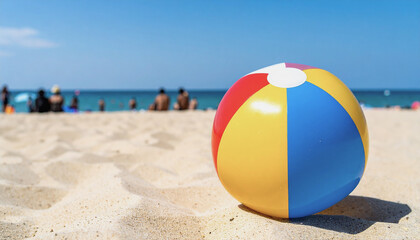 Obraz premium Inflatable Colorful Beach Ball on Sandy Seaside Background