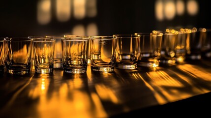 Golden hues reflecting off a row of whiskey tumblers on a wooden bar