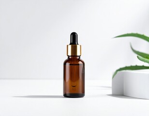 Naklejka premium A sleek bottle of CBD oil sits elegantly beside a vibrant green Aldi plant, showcasing a harmonious blend of wellness and nature in a cozy setting.