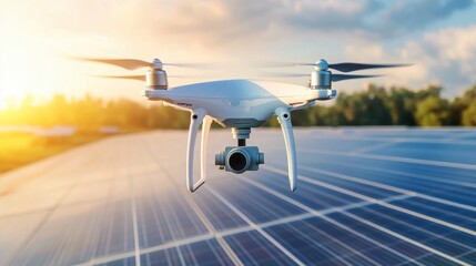 Industrial drone inspecting a solar panel field from above.