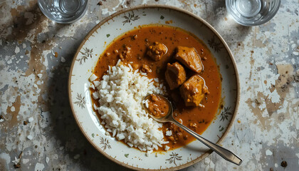 Fototapeta premium Serving of Curry with Rice on Decorative Plate Still Life
