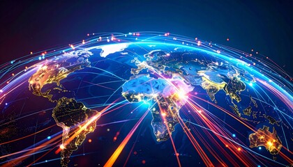 Global communication network technology showing earth connections and digital data transfer concept