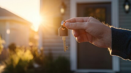 Parent Handing House Key to Grown Child at Sunset in Front of Home Symbolizing Independence