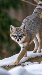 Cautious gray fox walking along snowy ledge in wooded area looking toward camera during wintertime