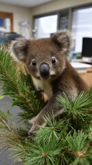 Obraz premium Young koala sits among pine branches in an office with bright eyes and fluffy ears looking at the viewer