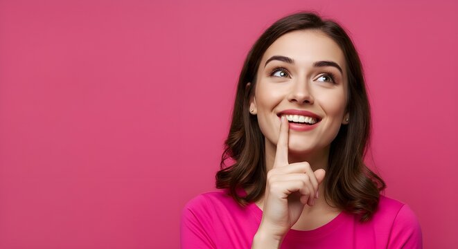 Retrato de una mujer joven con camisa rosa con un dedo en la boca mirando hacia arriba pensando, aislada sobre fondo de estudio rosa
