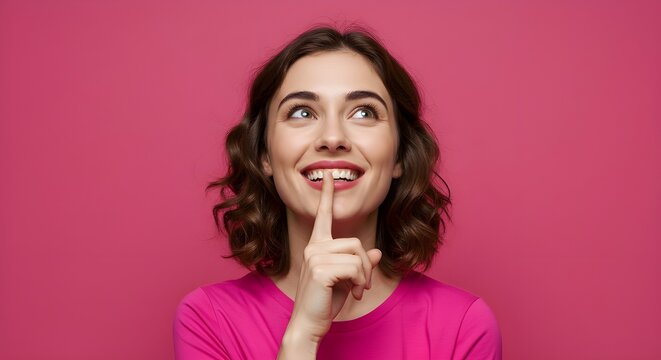 Retrato de una mujer joven con camisa rosa con un dedo en la boca mirando hacia arriba pensando, aislada sobre fondo de estudio rosa