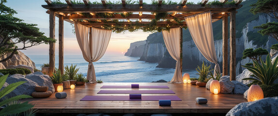 Yoga space overlooking the ocean and cliffside at sunset tranquil retreat