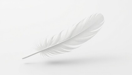 A single white feather floating on a stark white background, elegance, delicate