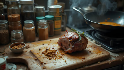Roasted Meat on Cutting Board with Herbs and Spices Still Life