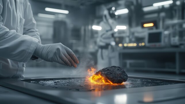 Scientist Examining Smoldering Meteor Sample with Precision Tools in Laboratory Environment