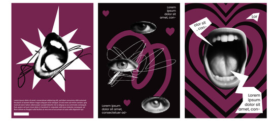 Set of collage posters with halftone eyes and black handdrawn ink scribbles. Trendy textures and bold pink bg. Zine dadaism style. Love romantic theme