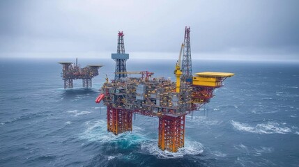 Oil rigs standing tall in the sea under cloudy skies.