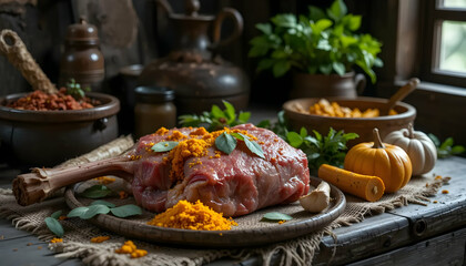 Obraz premium Preparing Meat Dish with Herbs and Spices on Wooden Table