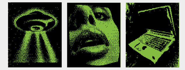 3 pixel backgrounds with bitmap style. Halftone dada zine. Dadaism template poster with ufo and woman face and laptop screen. Green y2k acid element © annetdebar
