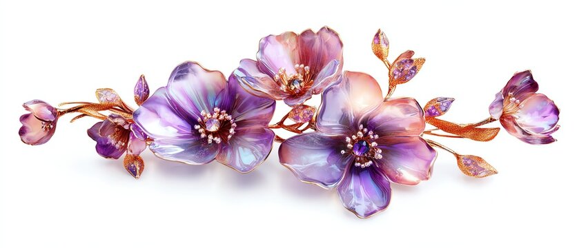 Generative AI, beautiful light violet, lavender color flowers brooch, opal stone and golden color palette isolated on white background Bijouterie, jewelry close up