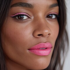 Fototapeta premium A close up of a woman's face with a bright pink lipstick
