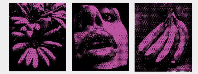 3 pixel backgrounds with bitmap style. Halftone dada zine. Dadaism template poster with banana and woman face and flowers. Pink y2k acid elements © annetdebar
