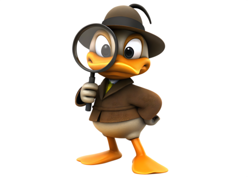 Detective duck holding magnifying glass isolated on white background PNG