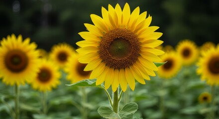 Fototapeta premium Radiant Sunflower in Summer Field - A single, vibrant sunflower in full bloom dominates the foreground, surrounded by a field of its brethren. It symbolizes happiness, summer, warmth, nature's beauty