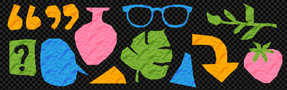 Collection of scrapbook crumpled elements. Set of vector isolated illustrations. Zine popart cartoon glasses, marks and vase . Isolated at the transparent bg as a png