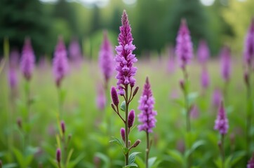 Obraz premium Closeup of wildflowers in a field with blurred trees in the background