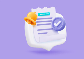 Fototapeta na wymiar 3D bill icon with clock alarm notice for promotion payment transaction. Business invoice order expenses idea for accounting in store concept. 3d receipt list icon vector render illustration