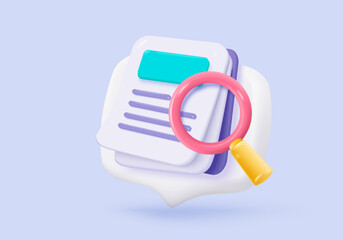 Fototapeta na wymiar 3d media file management concept. Searching image and video files in database. Document management soft, document flow app, compound docs concept. 3d magnifying icon vector rendering illustration