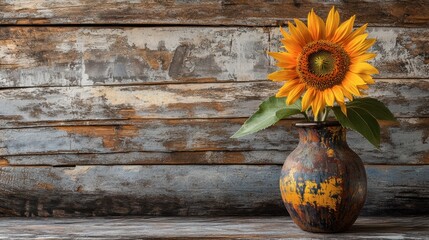 One sunflower in a rustic ceramic vase, set against a weathered wooden table.